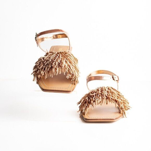 Anthropologie Maeve Rose Gold Beaded Flat Sandals Leather Ankle strap US 8 New - Picture 3 of 9